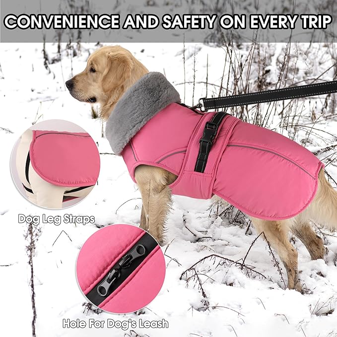 PETDSH Dog Coat Large, Windproof Dog Jacket with Warm Fleece Lining, Thickened Collar Dogs Winter Coat,Adjustable Reflective Pet Coats for Cold Weather (Pink, XX-Large)