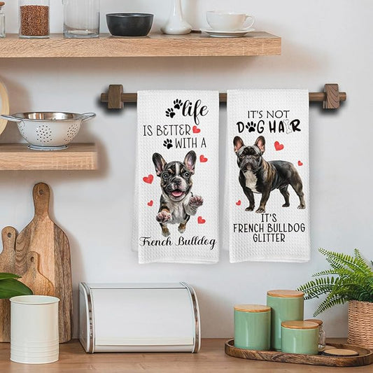 French Bulldog Gifts Kitchen Towels Set of 2, Funny Dog Hand Towels for Bathroom Decor, French Bulldog Gifts for Women DogLovers, Frenchie Dog Gift Dishcloths Dish Towel forKitchen 16X24 Inches