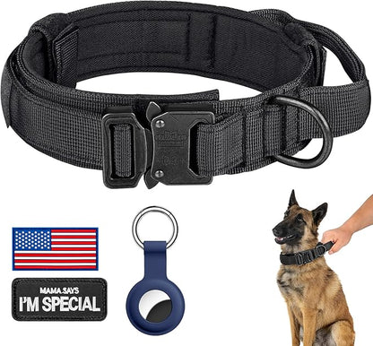 DAGANXI Tactical Dog Collar, Adjustable Military Training Nylon Dog Collar with Control Handle and Heavy Metal Buckle for Medium and Large Dogs, with Patches and Airtags Case (M, Black)