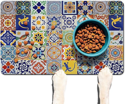 Moroccan Trellis Dog Food & Water Mat, Mexican Talavera Boho Colorful Pet Feeding Mat for Floor Non-Slip Waterproof, Super Absorbent Cat Bowl Mat, Easy to Clean Durable Pet Placemat,12" × 20"