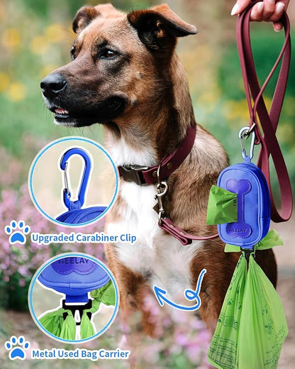 Dog Poop Bag Holder for Various Leashes,Hands Free Dogs Bag Holder with Hook loop/Carabiner Clip,Dogs Poop Bags Rolls Holder-Large Capacity,Dog Walking,Blue