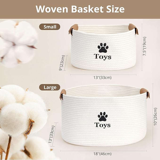 Dog Toy Basket Large, Quality Cotton Rope Dog Toy Storage with Handles, Durable Dog Toy Bin Box for Organizing Pet Supplies, Pet Toys, Collars, Leashes & Accessories (Beige,18’’x13’’x10’’)