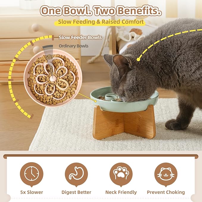 Elevated Slow Feeder Cat Bowl - Melamine Cat Dish with Anti-Slip Bamboo Stand - Whisker Friendly Feeding Bowl - Floral Maze Food Plate for Slow Eating - Pink