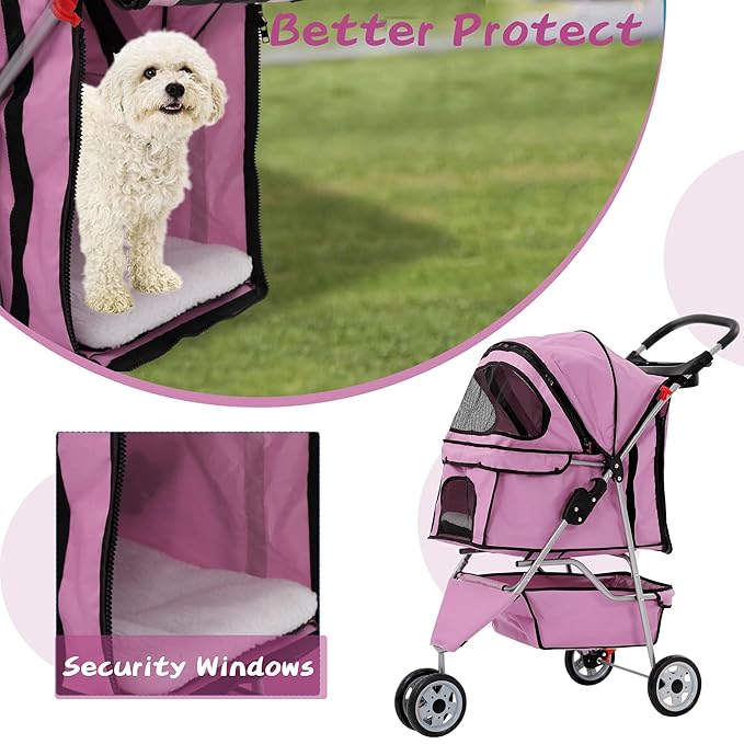 Pet Stroller for Small Medium Dogs & Cats,3-Wheel Breathable Compact Foldable Dog Carrier with Storage Basket, Outdoor Portable Lightweight Travel Stroller for Camping,Pink