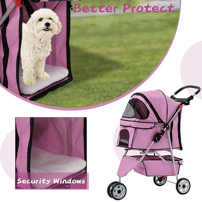 Pet Stroller for Small Medium Dogs & Cats,3-Wheel Breathable Compact Foldable Dog Carrier with Storage Basket, Outdoor Portable Lightweight Travel Stroller for Camping,Pink