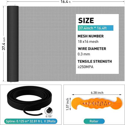 Pet Proof Window Door Screen Roll,37.4INx16.4FT Polyester Window Screen Mesh,Heavy Duty Screen Replacement Kit for Window, Door,Pet,Patio,Porch (18x16 Mesh)