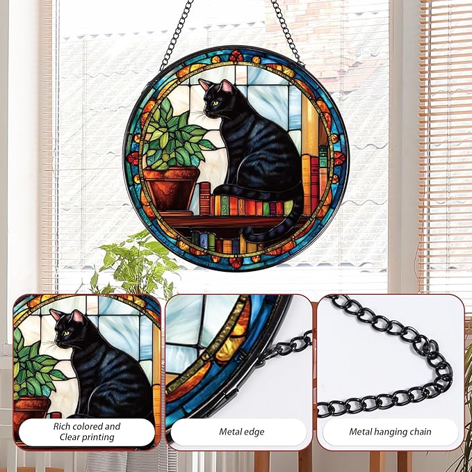 Black Cat Stained Glass Window Hanging Gifts for Women, 7.8″ Book Suncatchers for Indoor Window Decor, Decorative Sun Catchers Home Wall Art Gift for Thanksgiving Christmas Housewarming