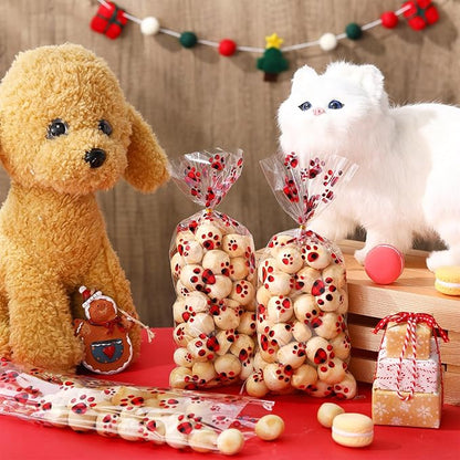 Blulu 100 Pieces Dog Treat Bags Puppy Party Favor Pet Paw Cone Cellophane Bags Candy Heat SealableDog Paw Gift with 100 Pieces Silver Twist Ties for Pet Cat Treat Party Favor(Red and Black)