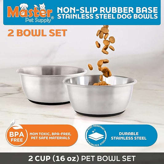 Master Pet Supply Stainless Steel Dog Bowls Set of 2 (16 Oz Each) with Non-Slip Rubber Base - Stainless Steel - Basic Dog Food Bowl Water & Food Bowls for Small Medium Large Dogs & Cats, Metal Dish