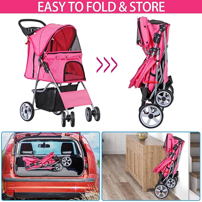 LEMY Foldable Pet Stroller,4 Wheels Cat/Dog Stroller with Weather Cover for Small/Medium Dogs and Cats,Pink Pet Strolling Cart with Storage Basket and Cup Holder