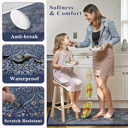 Collive Anti Fatigue Kitchen Mats, Cushioned Kitchen Rugs Set of 2 Waterproof Non Slip Desk Mat, Comfort Standing Rug Dark Blue Floral Carpet for Office, Sink, Laundry, 17.3"x29"+17.3"x47"