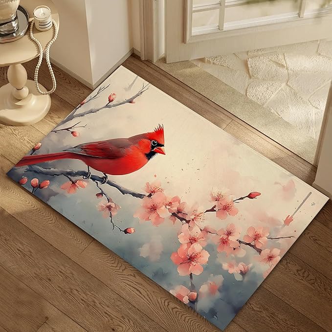 Red Cardinal Bird Front Door Mat,Anti-Slip Spring Pink Peach Flower Entrance Indoor Rug Mat,Low Profile Door Mat Entrance,Doormats for Home Kitchen Bedroom Porch, Hallways 30 x 17 Inch