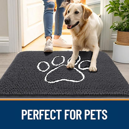 OLANLY Dog Door Mat for Muddy Paws 59x24, Paw Print Design, Absorbs Moisture and Dirt, Absorbent Non-Slip Washable Doormat, Quick Dry Chenille Mud Mat for Dogs, Entry Indoor Entryway Carpet, Dark Grey