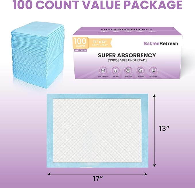 100 Count Super Absorbency Small 17” x 13” Disposable Underpads, Leakproof Quick Drying for Multi-use for Babies, Puppy Pads and Adults, Chucks, Disposable Diaper Changing Pad for Baby, Blue