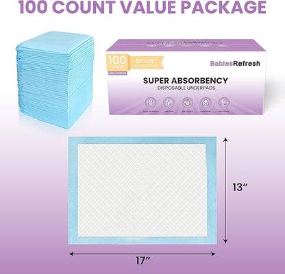 100 Count Super Absorbency Small 17” x 13” Disposable Underpads, Leakproof Quick Drying for Multi-use for Babies, Puppy Pads and Adults, Chucks, Disposable Diaper Changing Pad for Baby, Blue