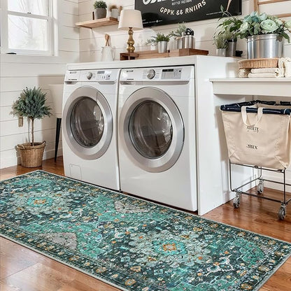 Ciicool Washable Runner Rug Nonslip, 2'x6' Teal Hallway Rug Non-Slip Vintage Kitchen Rugs Carpet Runner for Bedroom Laundry Bathroom Decor