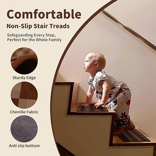 Non-Slip Carpet Stair Treads 7PCS, 8"x30" Peel and Stick Stair Runner for Wooden Steps Indoor, Washable Reusable Adhesive Backing, Pet-Friendly Safety Mats for Kids, Elders, Dogs