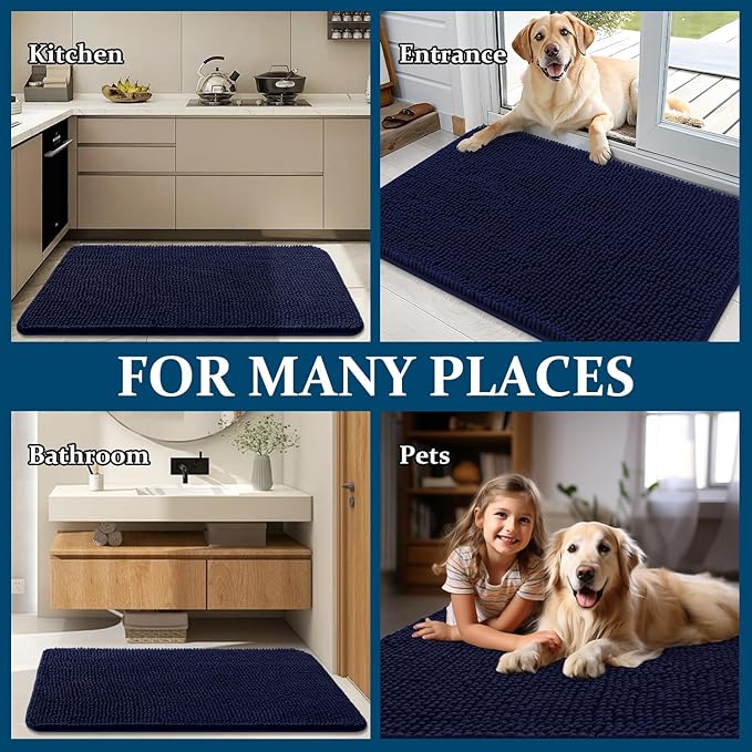 OLANLY Dog Door Mat for Muddy Paws 40x32, Absorbs Moisture and Dirt, Absorbent Non-Slip Washable Doormat, Quick Dry Chenille Mud Mat for Dogs, Entry Indoor Entryway Carpet for Inside Floor, Navy Blue