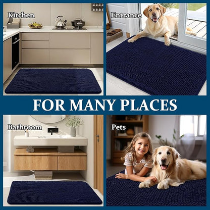 OLANLY Dog Door Mat for Muddy Paws 36x24, Absorbs Moisture and Dirt, Absorbent Non-Slip Washable Doormat, Quick Dry Chenille Mud Mat for Dogs, Entry Indoor Entryway Carpet for Inside Floor, Navy Blue