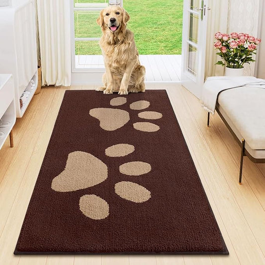 Smiry Dog Door Mat for Muddy Paws, Absorbs Moisture and Dirt, Low-Profile Entryway Mat with Non-Slip Backing, Entry Indoor Outdoor Doormat for Inside Floor (47x24 Inches, Brown, Paw)