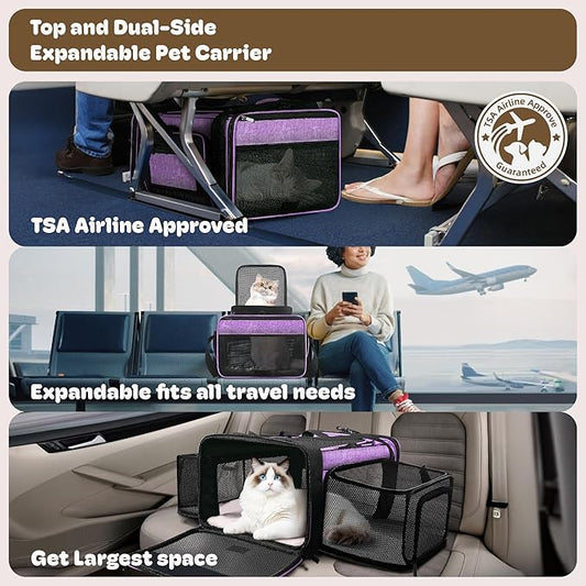 Top and 2 Sides Expandable Cat Carrier 18x13.5x9.5, TSA Airline Approved Dog Carriers for Small Dogs, Soft-Sided Pet Carrier with Self-Locking Zippers for Kitten,Rabbit, Puppy Purple