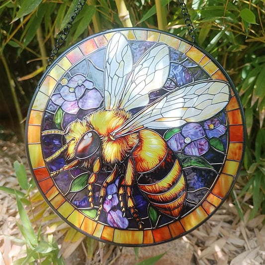 Handcrafted Bee Stained Glass Suncatcher - 7.8 Inch Window Hanging for Home, Kitchen, Porch, Terrace, Garden & Farmhouse - Perfect Mother's Day, Easter & Birthday Gift for Mom & Teachers