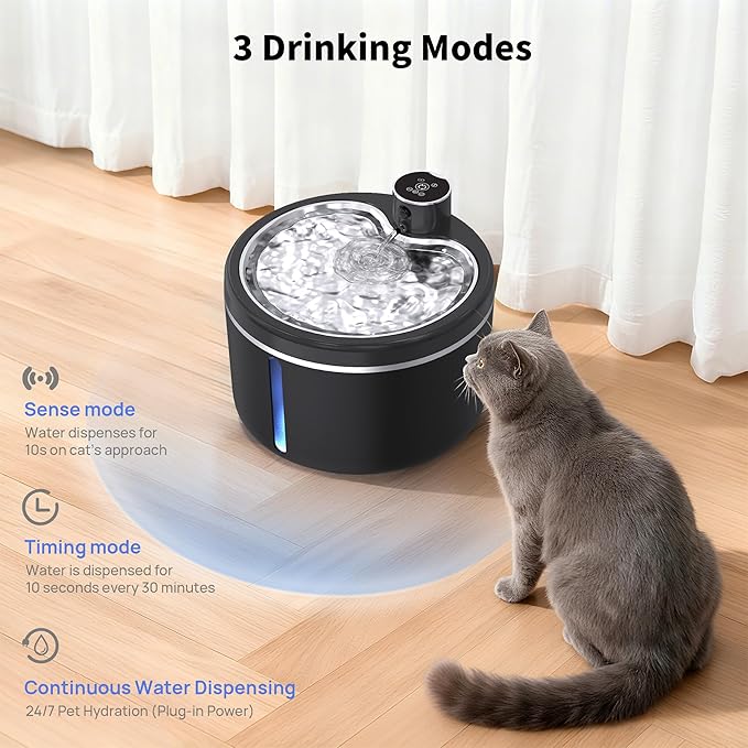 Cat Water Fountain Cordless, 108oz/3L Pet Fountains for Cats Indoor with Stainless Steel Tray, Battery Operated Cat Drinking Fountain with Motion Sensor, Ultra Quiet Pump