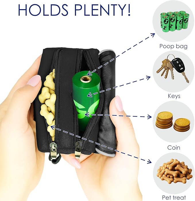 Dog Poop Bag Holder for Leash, 2 Waterproof Zipper Pouches, Dog Treat Pouch for Pet Walking Accessories, with Dispenser, Training Clicker and 1 Free Roll (Black)