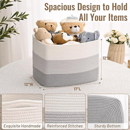 3 Pack Cube Storage Bin, 17”x12”x12” Cotton Rope Woven Baskets for Organizing Toys Clothes Towels, Square Gift Storage Baskets for Shelves, Nursery, Closet, Bathroom, Pantry (3-Tone Gray)