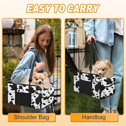 Portable Dog Car Seat for Small Dogs - Adjustable Safety Leash, Washable Cushion & Storage Pocket - Pet Booster Seat for Car Travel- Cow Pattern