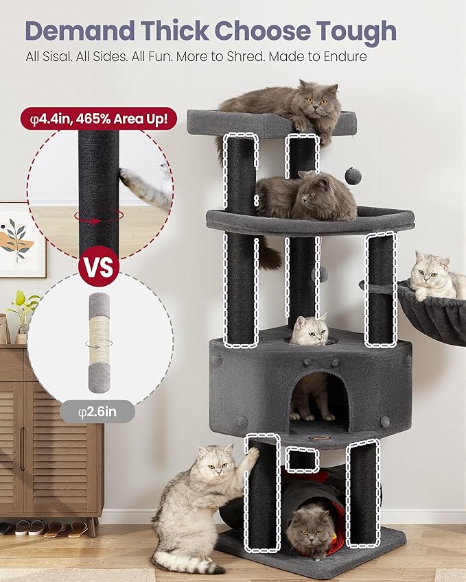 Cat Tree Tower for Large Cats Adult - 60 Inch XXL Sturdy Heavy Duty Extra Wide Scratching Posts (φ4.4in) Condo - Indoor Big Cat House Hammock Perch - XL Wood Multi Level Feline Pet Bed Trees Houses