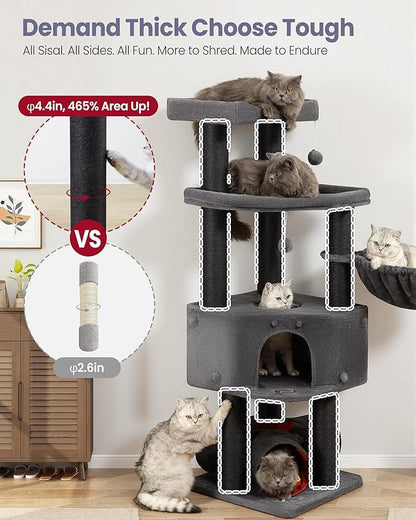 Cat Tree Tower for Large Cats Adult - 60 Inch XXL Sturdy Heavy Duty Extra Wide Scratching Posts (φ4.4in) Condo - Indoor Big Cat House Hammock Perch - XL Wood Multi Level Feline Pet Bed Trees Houses