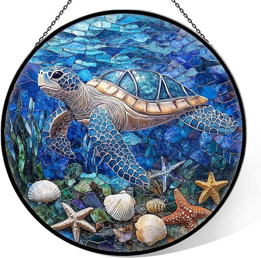 Sea Turtle Suncatcher Decor - Sea Turtles Gifts for Women - Turtles Stained Glass Window Hanging for Turtle Lovers - Blue Sea Glass Wall Art Home Decor Outdoor Garden for Women, Moms, Beach Lovers