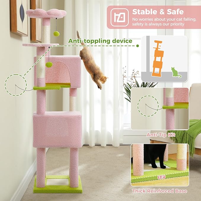 MUTTROS 62" Cat Tree for Indoor Cats, Multi-Level Cat Tower for Large Cats with Scratching Posts, 2 Spacious Plush Condos, Padded Perch, Soft Cat Bed, Scratching Pad & 2 Pompoms, Pink
