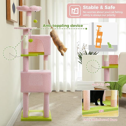 MUTTROS Flower Cat Tree, 62-Inch Tall Multi-Level Cat Tower with Scratching Posts for Large Indoor Cats, Plush Bed w/Padded Perches, Scratching Pad & 2 Green Pompoms, Pink