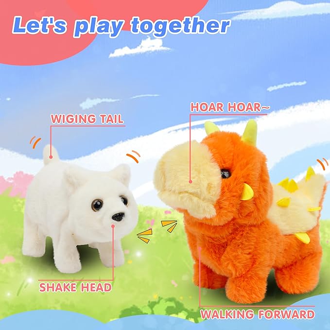 Hopearl Walking Dinosaur Interactive Electronic Pet Plush Toy Stegosaurus Roaring and Moving Animated Nodding Head Gifts for Toddlers Birthday, Orange, 8''