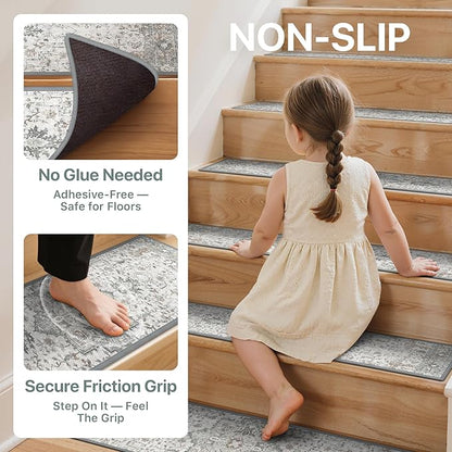Non Slip Stair Treads for Wooden Steps 7PCS - 8"x30" Indoor Safety Carpet, Edging Mats with TPE Adhesive Backing, Pet and Elderly Friendly Stair Rugs (Taupe)