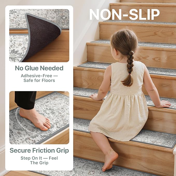 Non Slip Stair Treads for Wooden Steps 15PCS - 9"x28" Upgraded Wide-Short Indoor Safety Carpet, Upgraded Edging Mats with TPE Adhesive Backing, Pet and Elderly Friendly Stair Rugs (Taupe)