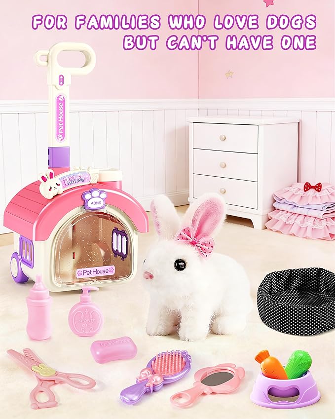 23Pcs Hopping Bunny Toy Set for Kids, Easter Interactive Electric Walking Rabbit with Rolling Carrier House, Pretend Play Pet Care Grooming & Feeding Kit, Stuffed Animal Gift for Toddlers 3-5