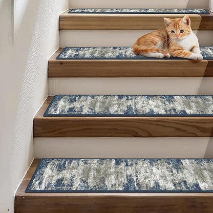 Non Slip Stair Treads for Wooden Steps 15PCS - 8"x30" Indoor Safety Carpet, Edging Mats with TPE Adhesive Backing, Pet and Elderly Friendly Stair Rugs (Blue/Ivory)