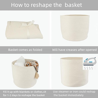 Cotton Rope Basket For Girls Boys Kids 16”X14” Baby Laundry Baskets Nursery Bin Round Woven Basket Organizer For Storage Toys Blankets Shoes Clothes white