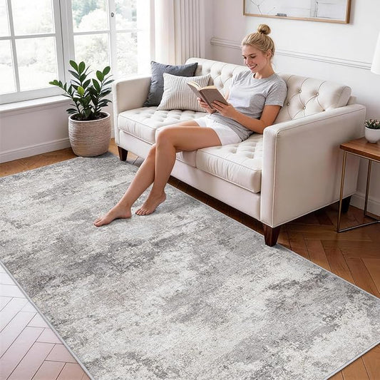 Washable Wide Runner Rug 4x10 : Modern Abstract Hallway Rugs - Non-Slip Thin Rug for Kitchen, Living Room, Bedroom - Easy Clean Carpet for Long Spaces - Soft Low Pile Floor Mat 4x10 Grey