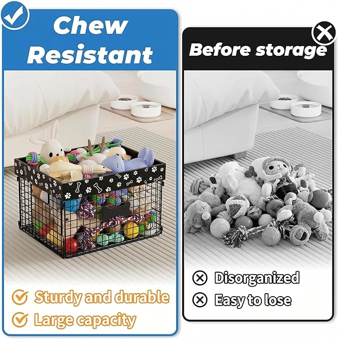 Indestructible Dog Toy Bin - Metal Dog Toy Basket, Pet Wire Folding Basket - Large Dogs Toys Storage Personalized - Dogs Toys Box Chew-Proof Pet Supplies Holder for Living Room, Black