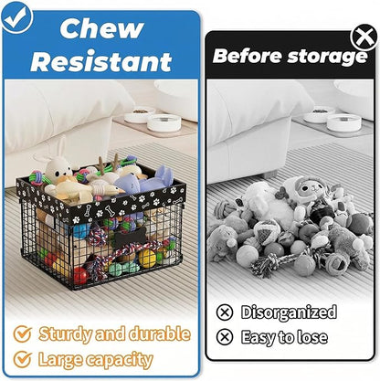Indestructible Dog Toy Bin - Metal Dog Toy Basket, Pet Wire Folding Basket - Large Dogs Toys Storage Personalized - Dogs Toys Box Chew-Proof Pet Supplies Holder for Living Room, Black