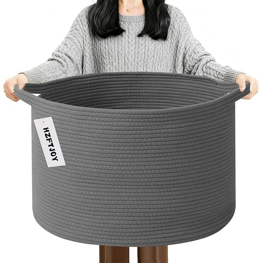 90L Large Blanket Basket,21.7"L x 21.7"W x 13.8"H Rope Woven Baskets with Handles, Toys Storage Bins,Laundry Basket Perfect for Living Room, Nursery,Bedroom,Home Organization,Dark Gry