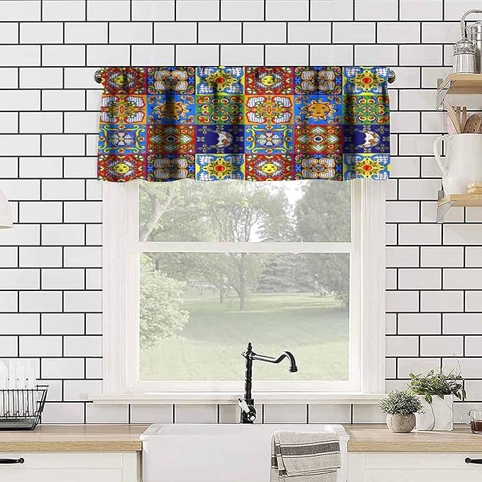 Mexico Fiesta Valance Curtains Mexican Fiesta Cinco De Mayo Ceramic Tiles Rustic Pattern Window Treatment Valances Short Curtains Rod Pocket Drape for Dining Room Home Kitchen Decor, 54x18inch