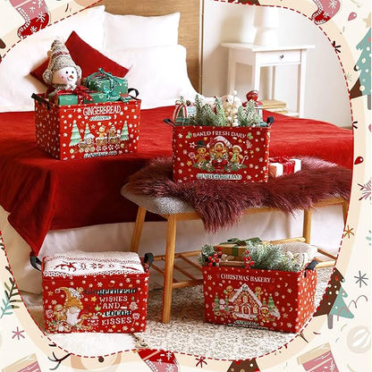 4 Pack Christmas Storage Bin Collapsible Large Christmas Gingerbread Man Storage Baskets for Gifts Canvas Laundry Basket Foldable Box with Handle for Office Home Bedroom Clothes Toys Decor