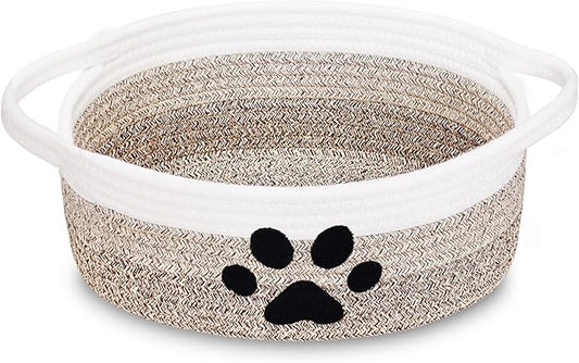 ABenkle Small Woven Basket with Handle, Cute Dog Paw Baskets for Gifts Empty, Decorative Rope Woven Storage Dog Toy Basket, Nursery Baskets for Baby Shower, 12" x 8" x 5"