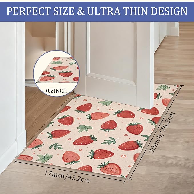 Watercolor Strawberry Front Door Mat,Anti-Slip Pink Sweet Fruits Entrance Indoor Rug Mat,Low Profile Door Mat Entrance,Doormats for Home Kitchen Bedroom Porch, Hallways 30 x 17 Inch