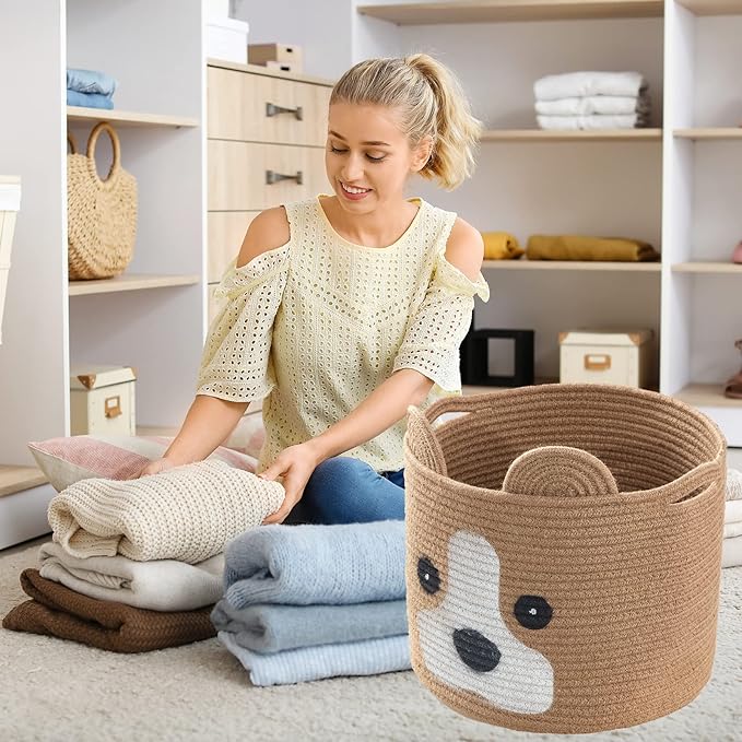 Medium Dog Woven Baskets with Handle, Dog Toy Hamper, Cotton Rope Dog Toy Storage Baskets for Pet, Animal Basket for Kids, Baby Gift Baskets for Dog Lovers, Jute